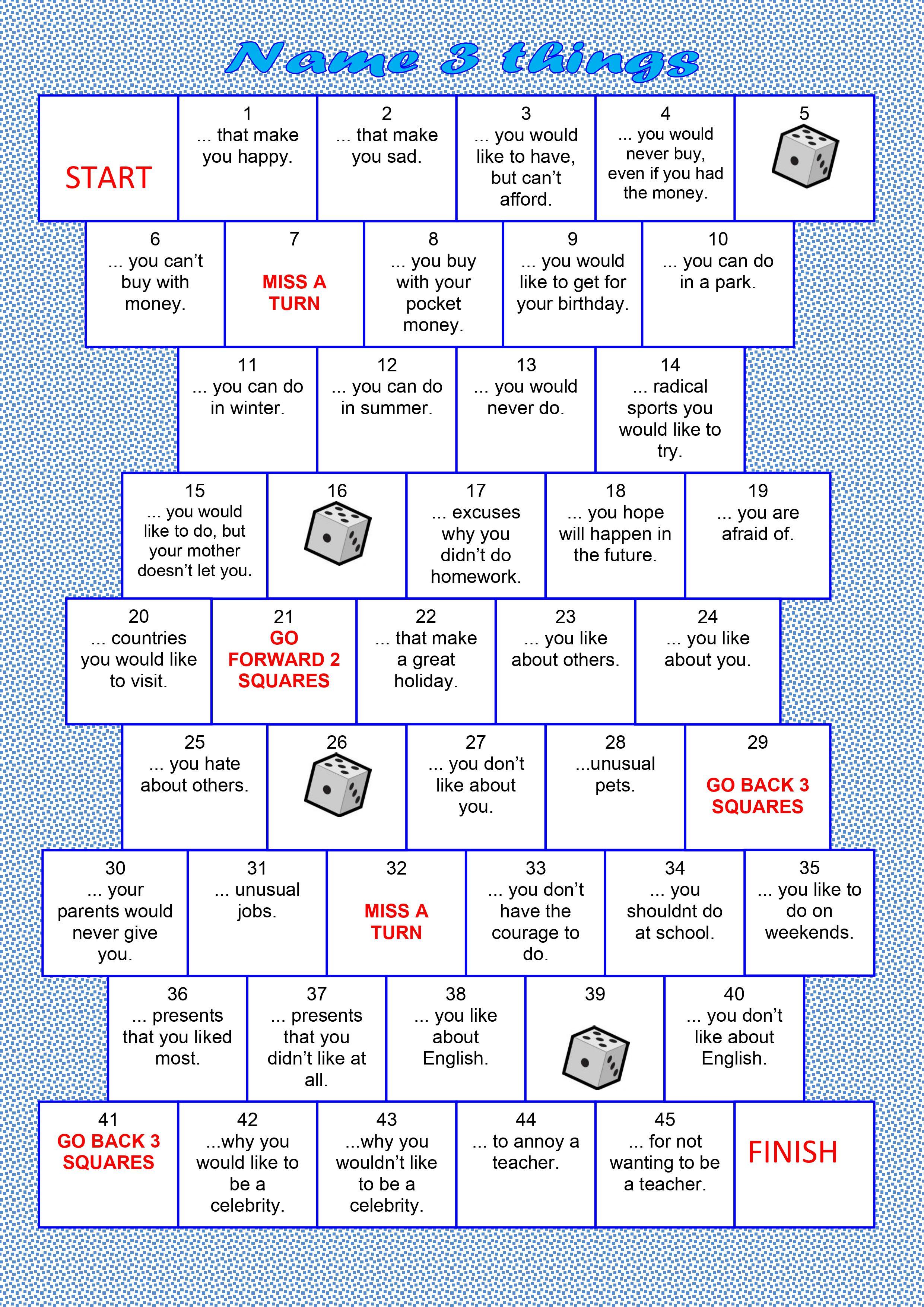 Grammar Corner Name 3 Things Board Game