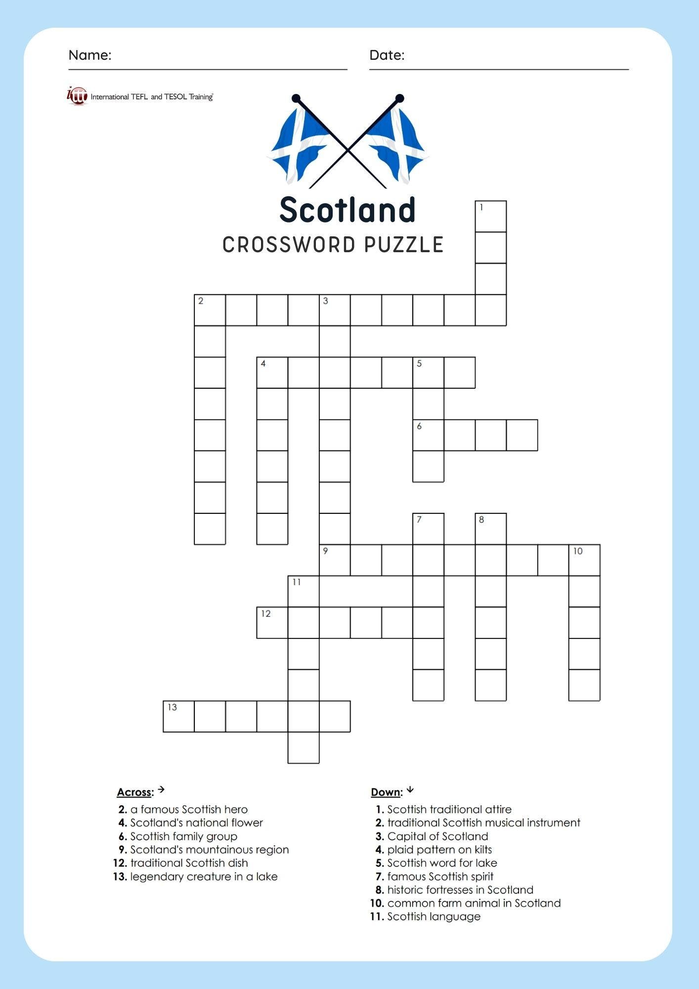 EFL Scotland Vocabulary Crossword Puzzle ️ ️ ️ ITTT